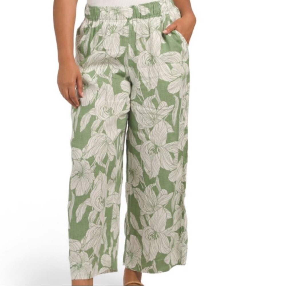 Tahari Green Leaf Print Linen Wide Leg Crop Pull On Pants Size Large
